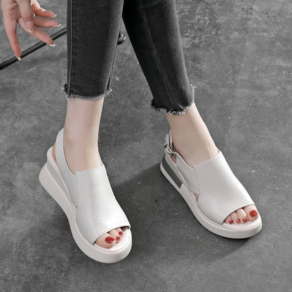 Plain Leather Slingback Wedge Sandals Heel Faux