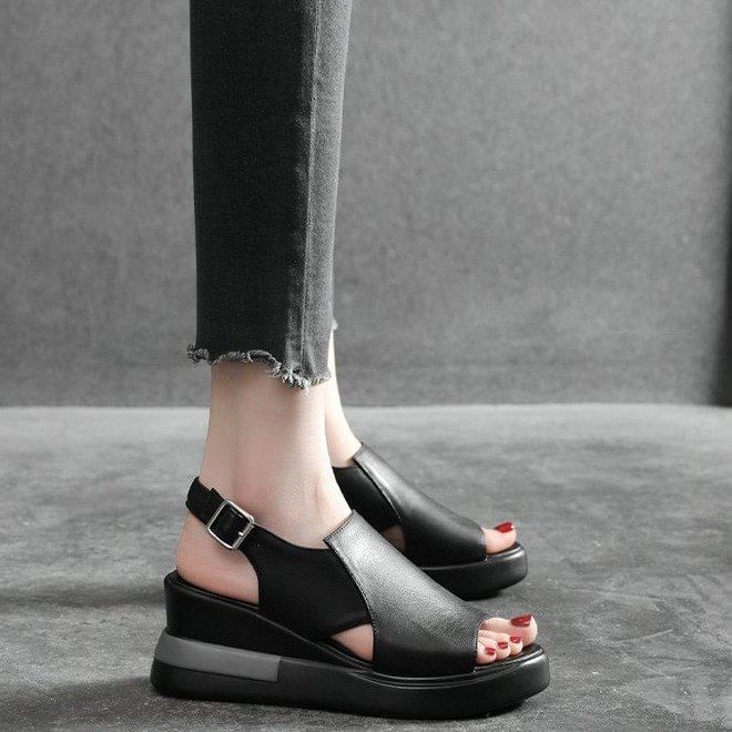 Plain Leather Slingback Wedge Sandals Heel Faux