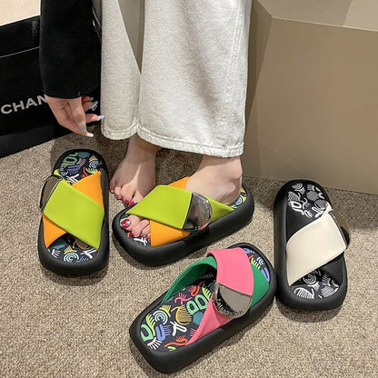 Strap Cross Two Faux Tone Leather Sandals Platform