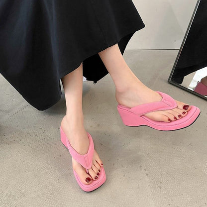 Toe Heel Sandals Wedge Square Thong