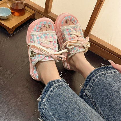 Sandals Lace-Up Sneakers Platform Frayed Checkerboard