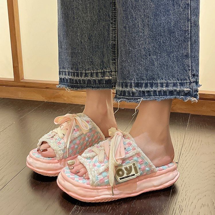 Sandals Lace-Up Sneakers Platform Frayed Checkerboard