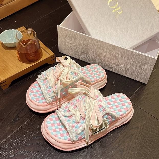 Sandals Lace-Up Sneakers Platform Frayed Checkerboard