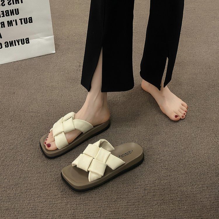 Platform Woven Square Toe Faux Sandals Leather