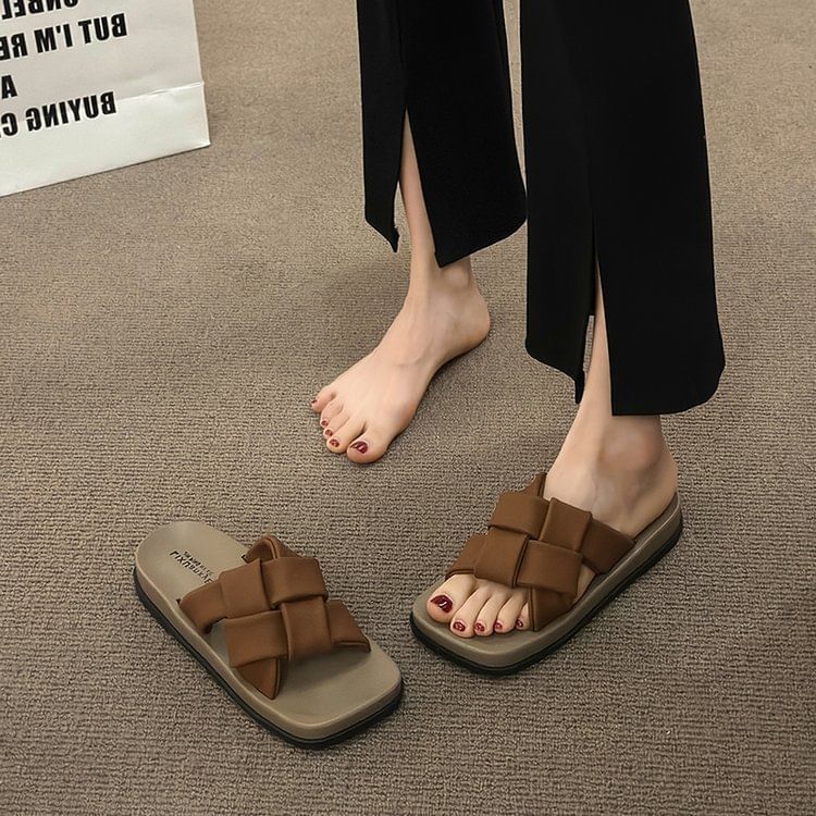 Platform Woven Square Toe Faux Sandals Leather