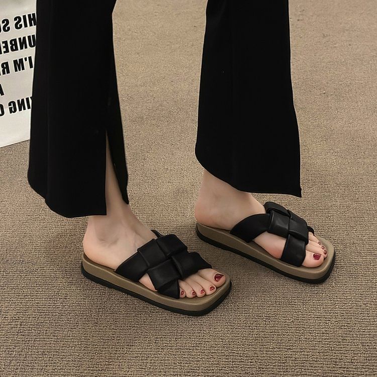 Platform Woven Square Toe Faux Sandals Leather