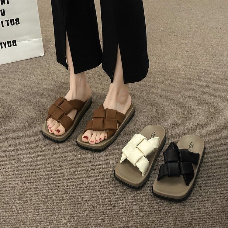 Platform Woven Square Toe Faux Sandals Leather