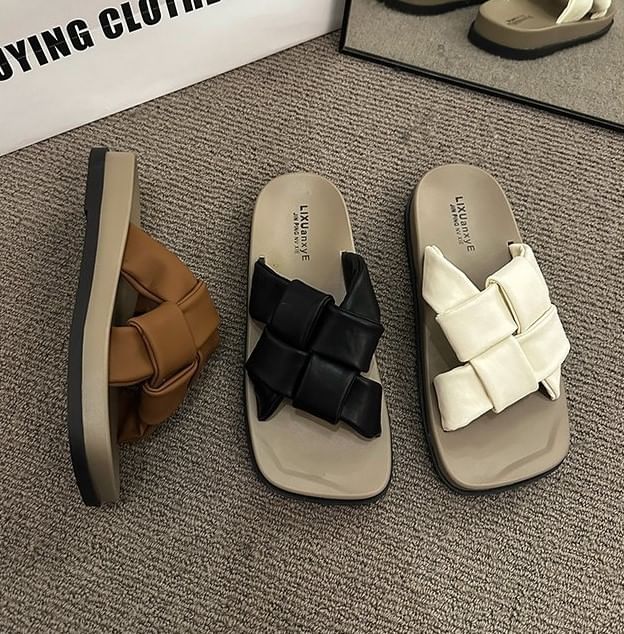 Platform Woven Square Toe Faux Sandals Leather