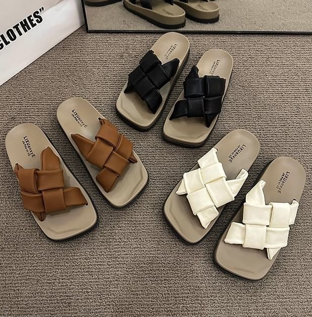 Platform Woven Square Toe Faux Sandals Leather