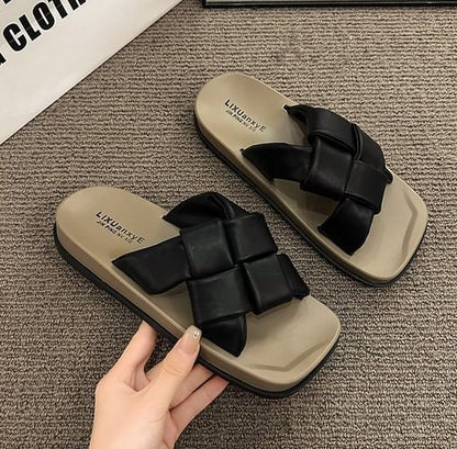 Platform Woven Square Toe Faux Sandals Leather