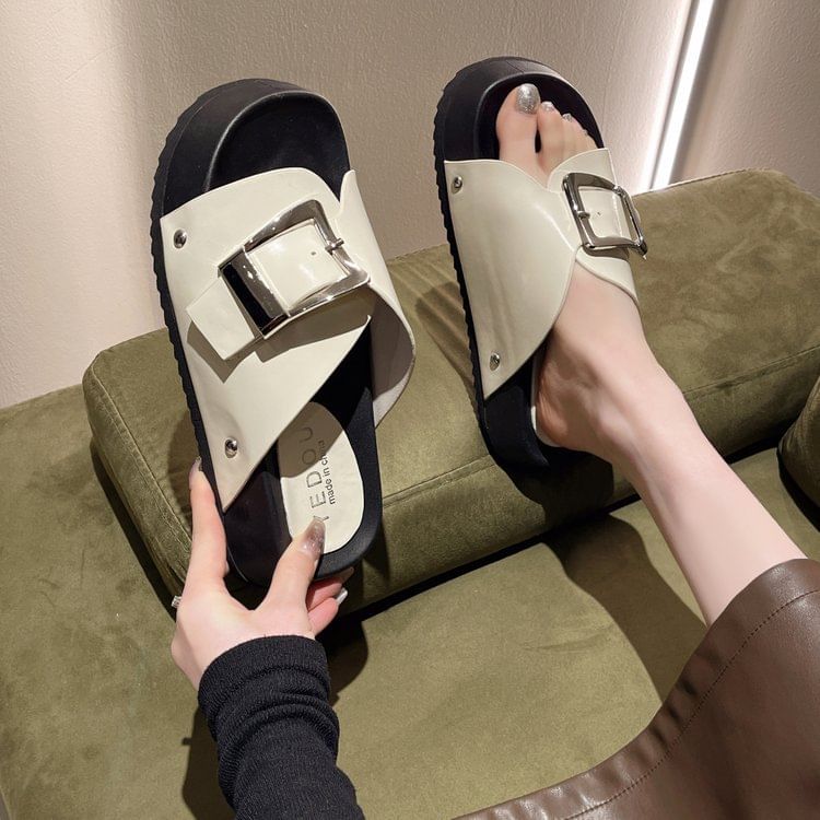 Faux Platform Leather Buckled Sandals