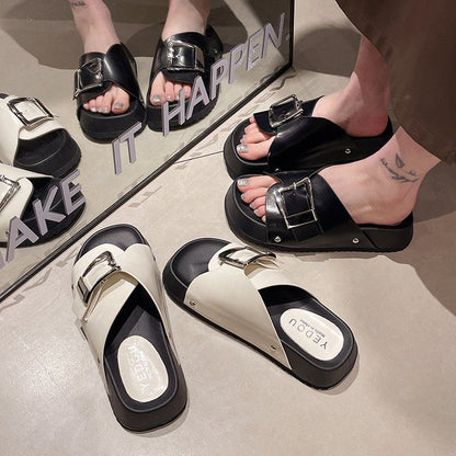 Faux Platform Leather Buckled Sandals