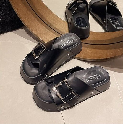 Faux Platform Leather Buckled Sandals