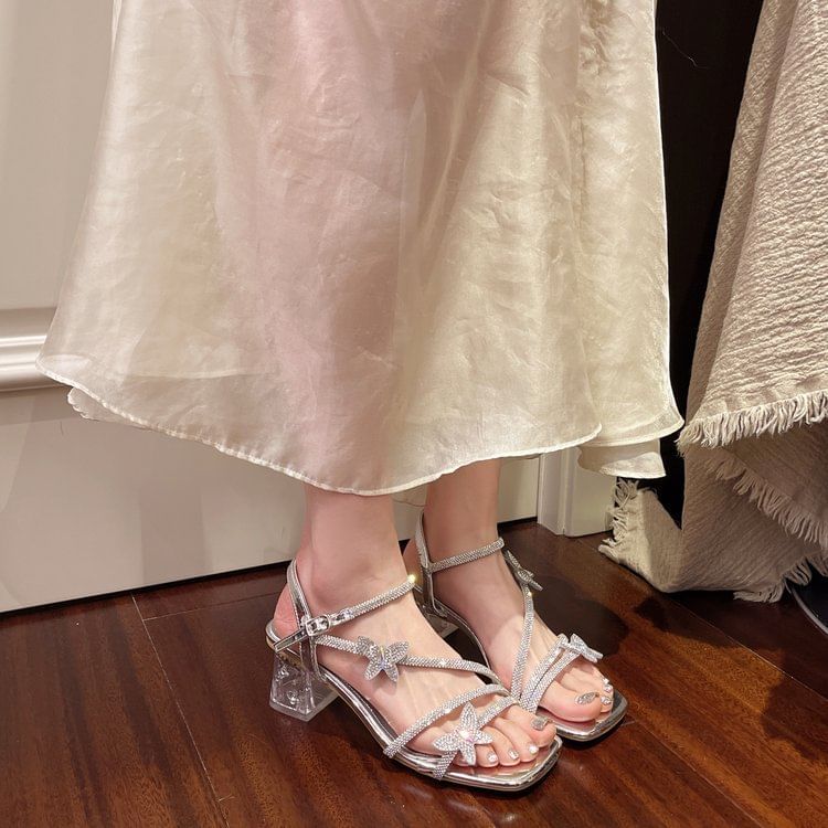 Toe Chunky Rhinestone Strap Ankle Butterfly Square Heel Sandals