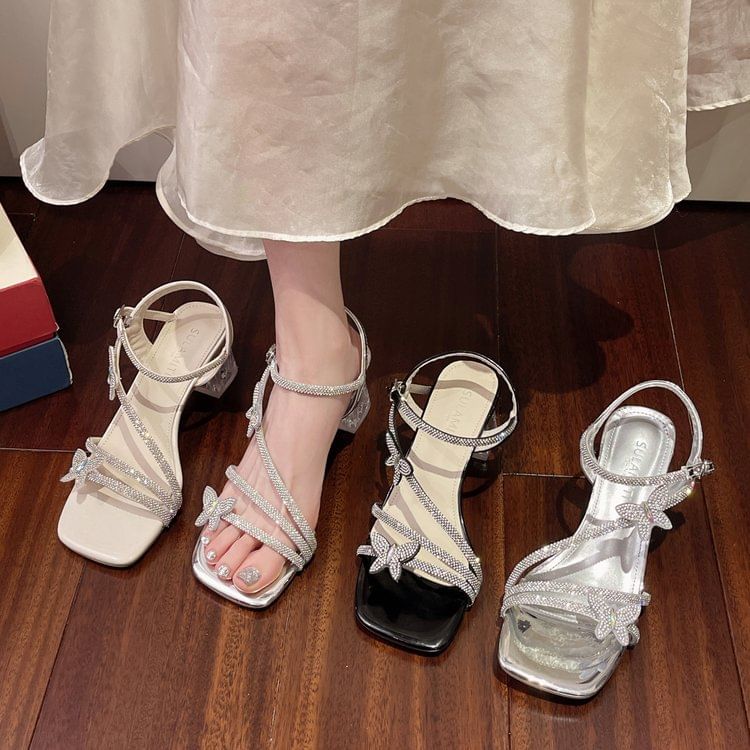 Toe Chunky Rhinestone Strap Ankle Butterfly Square Heel Sandals
