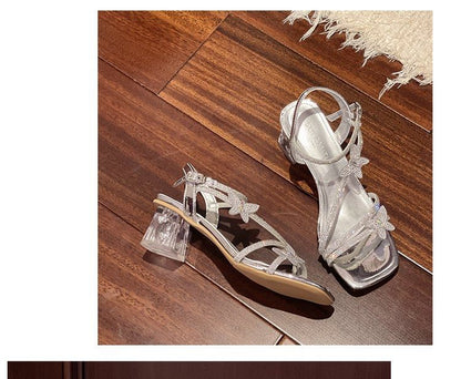 Toe Chunky Rhinestone Strap Ankle Butterfly Square Heel Sandals
