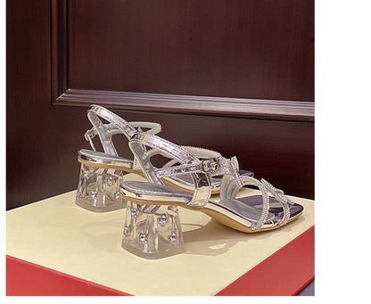 Toe Chunky Rhinestone Strap Ankle Butterfly Square Heel Sandals