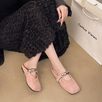 Metal Mary Suede Toe Mules Square Accent Faux Jane