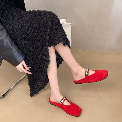 Metal Mary Suede Toe Mules Square Accent Faux Jane