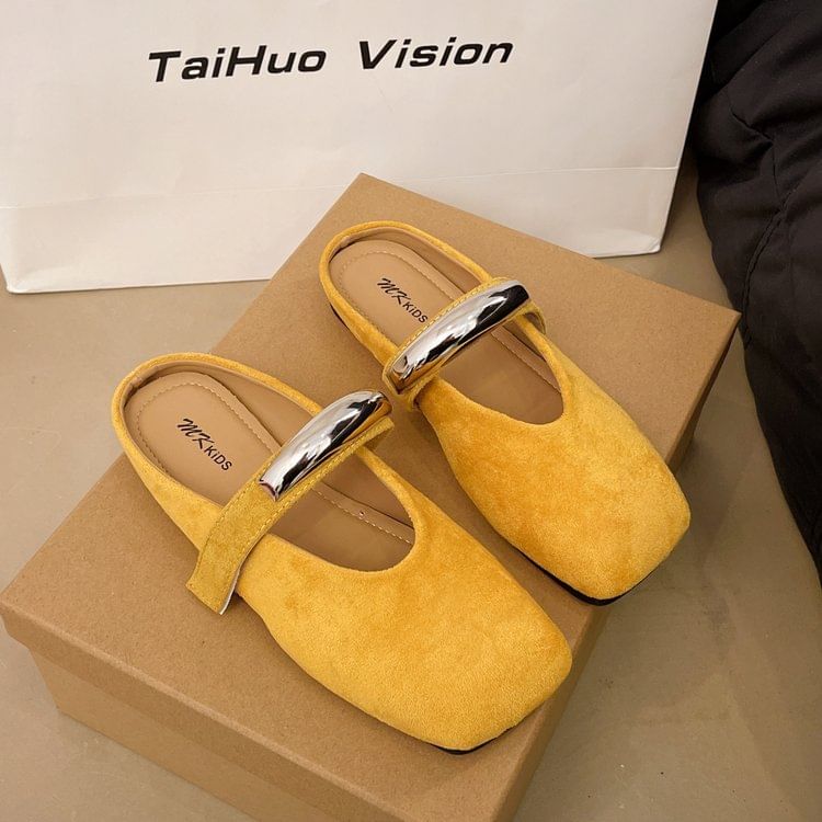 Metal Mary Suede Toe Mules Square Accent Faux Jane