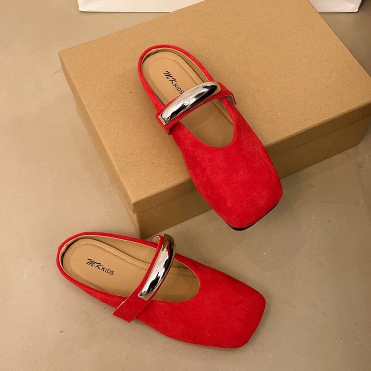 Metal Mary Suede Toe Mules Square Accent Faux Jane
