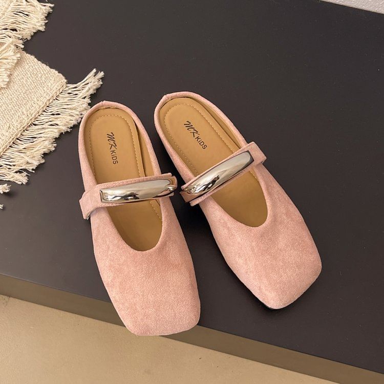 Metal Mary Suede Toe Mules Square Accent Faux Jane