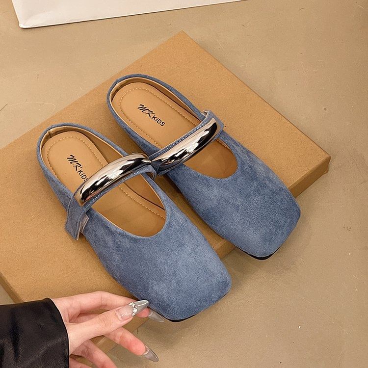 Metal Mary Suede Toe Mules Square Accent Faux Jane