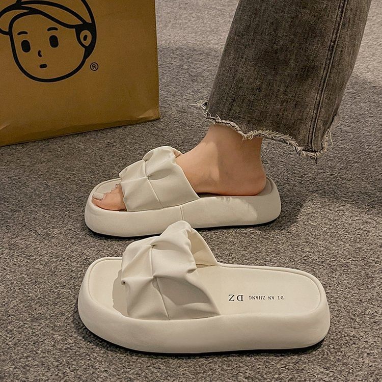 Plain Ruched Slide Platform Leather Faux Sandals
