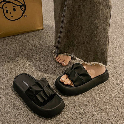 Plain Ruched Slide Platform Leather Faux Sandals