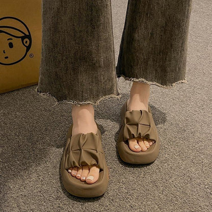 Plain Ruched Slide Platform Leather Faux Sandals