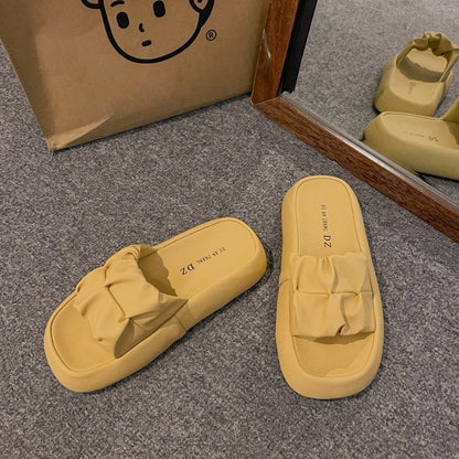 Plain Ruched Slide Platform Leather Faux Sandals