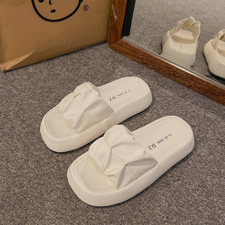 Plain Ruched Slide Platform Leather Faux Sandals