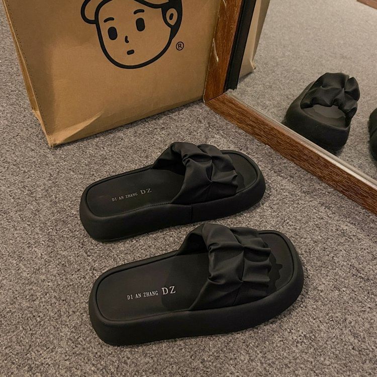 Plain Ruched Slide Platform Leather Faux Sandals