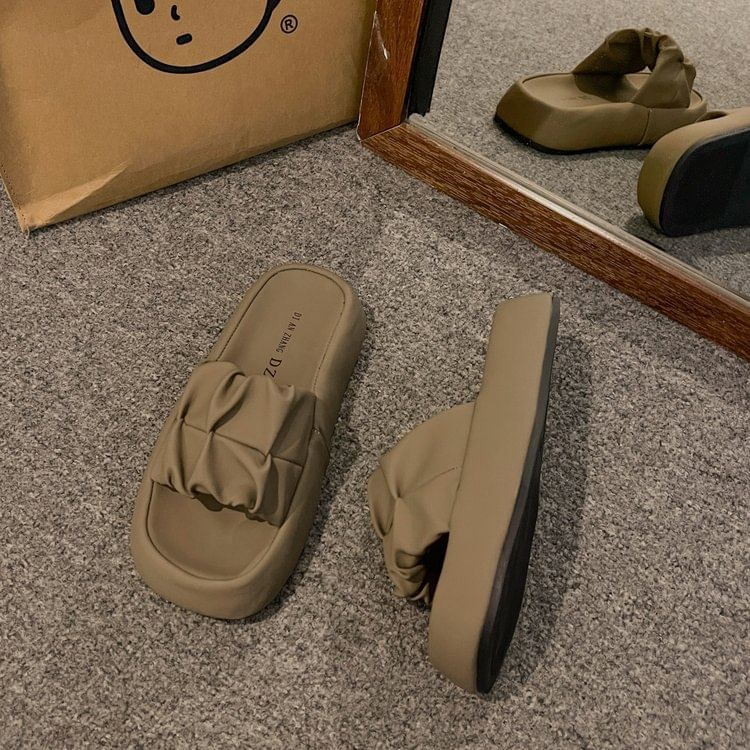 Plain Ruched Slide Platform Leather Faux Sandals