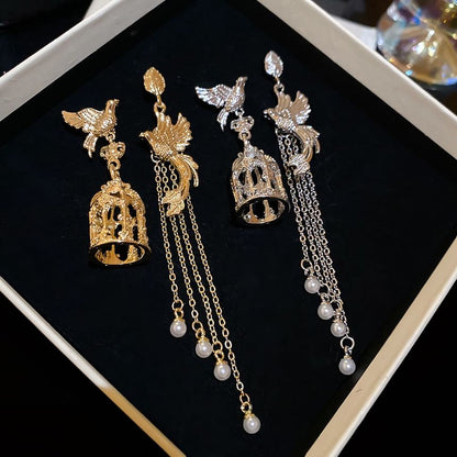 Pearl Alloy Faux Cage Asymmetrical Bird Dangle Earring