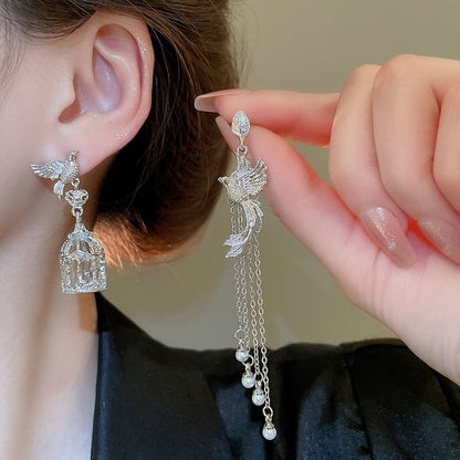 Pearl Alloy Faux Cage Asymmetrical Bird Dangle Earring