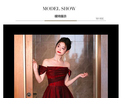 Gown Evening Ruched Maternity Off-Shoulder Glitter A-Line Short-Sleeve