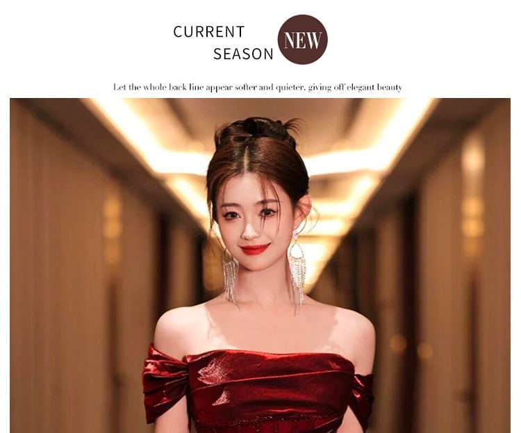 Gown Evening Ruched Maternity Off-Shoulder Glitter A-Line Short-Sleeve