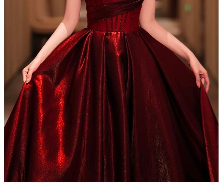 Gown Evening Ruched Maternity Off-Shoulder Glitter A-Line Short-Sleeve