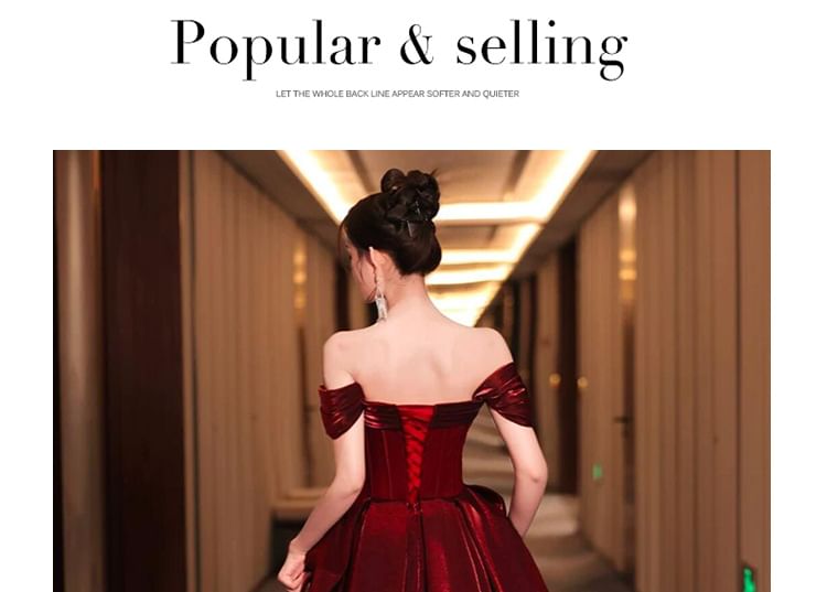 Gown Evening Ruched Maternity Off-Shoulder Glitter A-Line Short-Sleeve