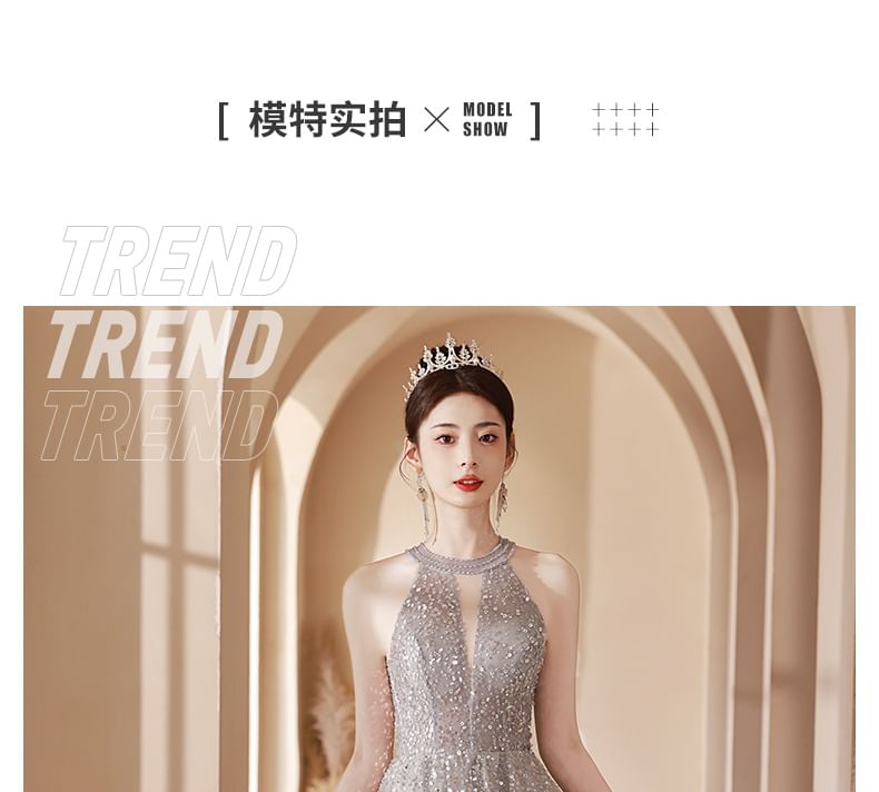 Evening Gown Neck A-Line Cutout Halter Sequin