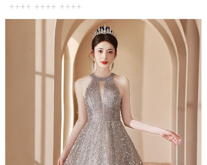 Evening Gown Neck A-Line Cutout Halter Sequin