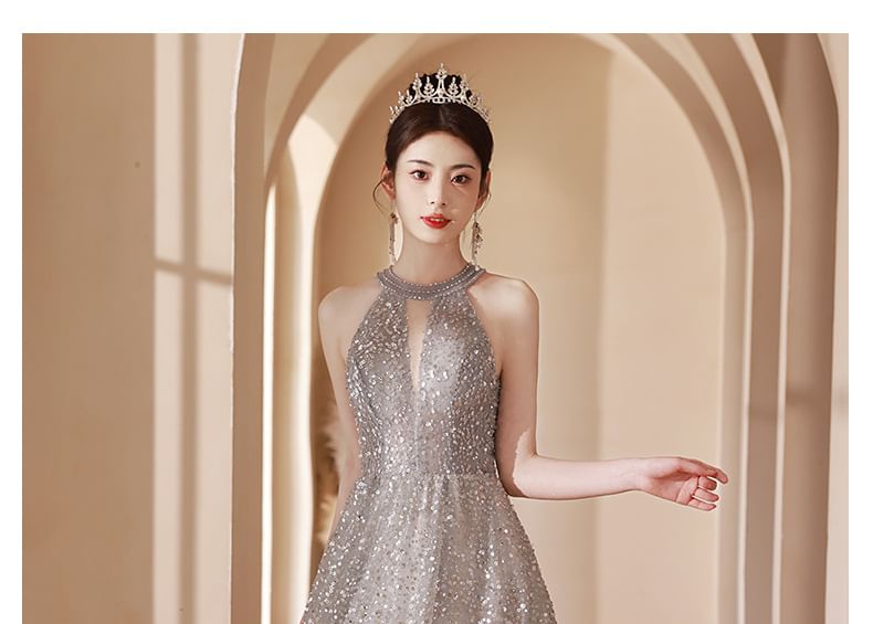 Evening Gown Neck A-Line Cutout Halter Sequin