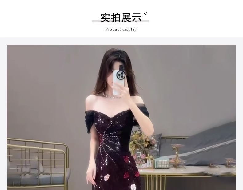 Gown Evening Short-Sleeve Mermaid Sequin Off-Shoulder Floral Accent