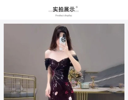 Gown Evening Short-Sleeve Mermaid Sequin Off-Shoulder Floral Accent