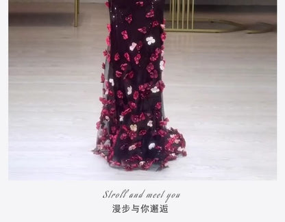 Gown Evening Short-Sleeve Mermaid Sequin Off-Shoulder Floral Accent