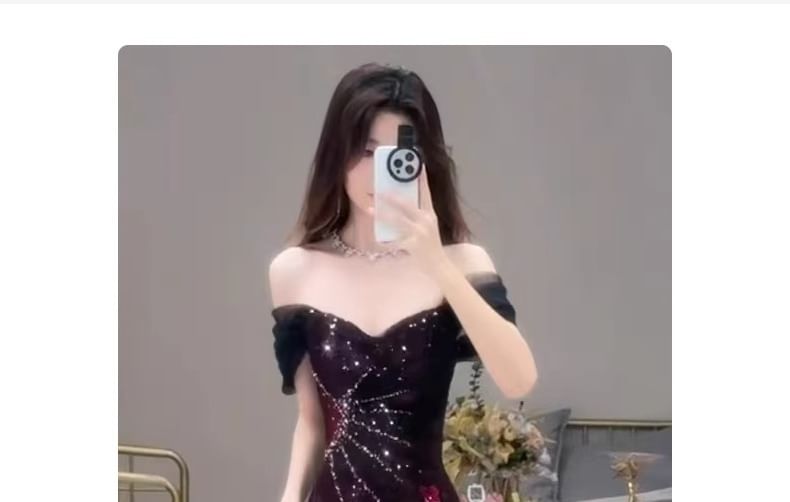 Gown Evening Short-Sleeve Mermaid Sequin Off-Shoulder Floral Accent