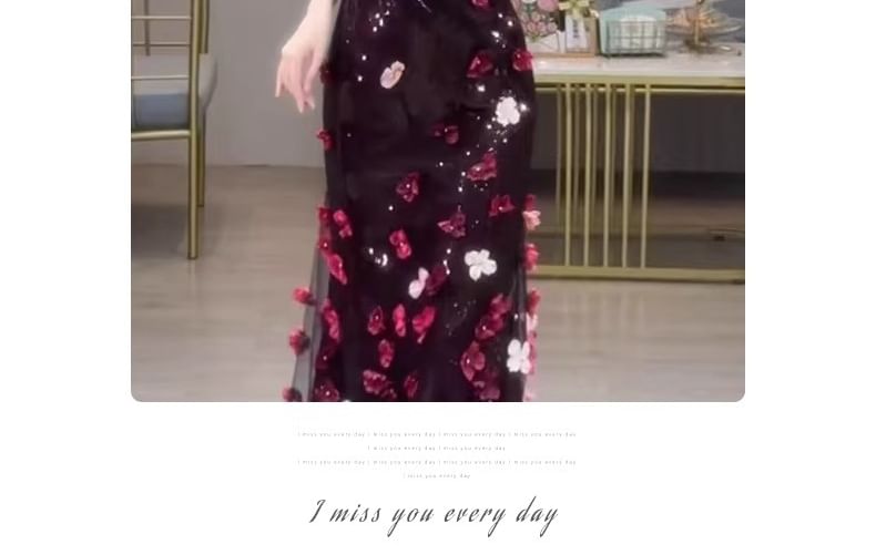 Gown Evening Short-Sleeve Mermaid Sequin Off-Shoulder Floral Accent