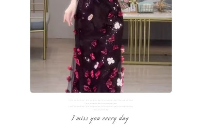 Gown Evening Short-Sleeve Mermaid Sequin Off-Shoulder Floral Accent