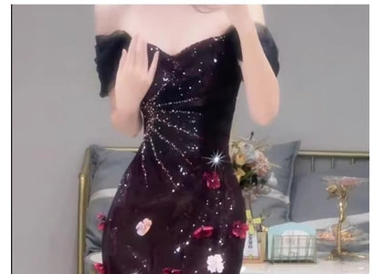 Gown Evening Short-Sleeve Mermaid Sequin Off-Shoulder Floral Accent